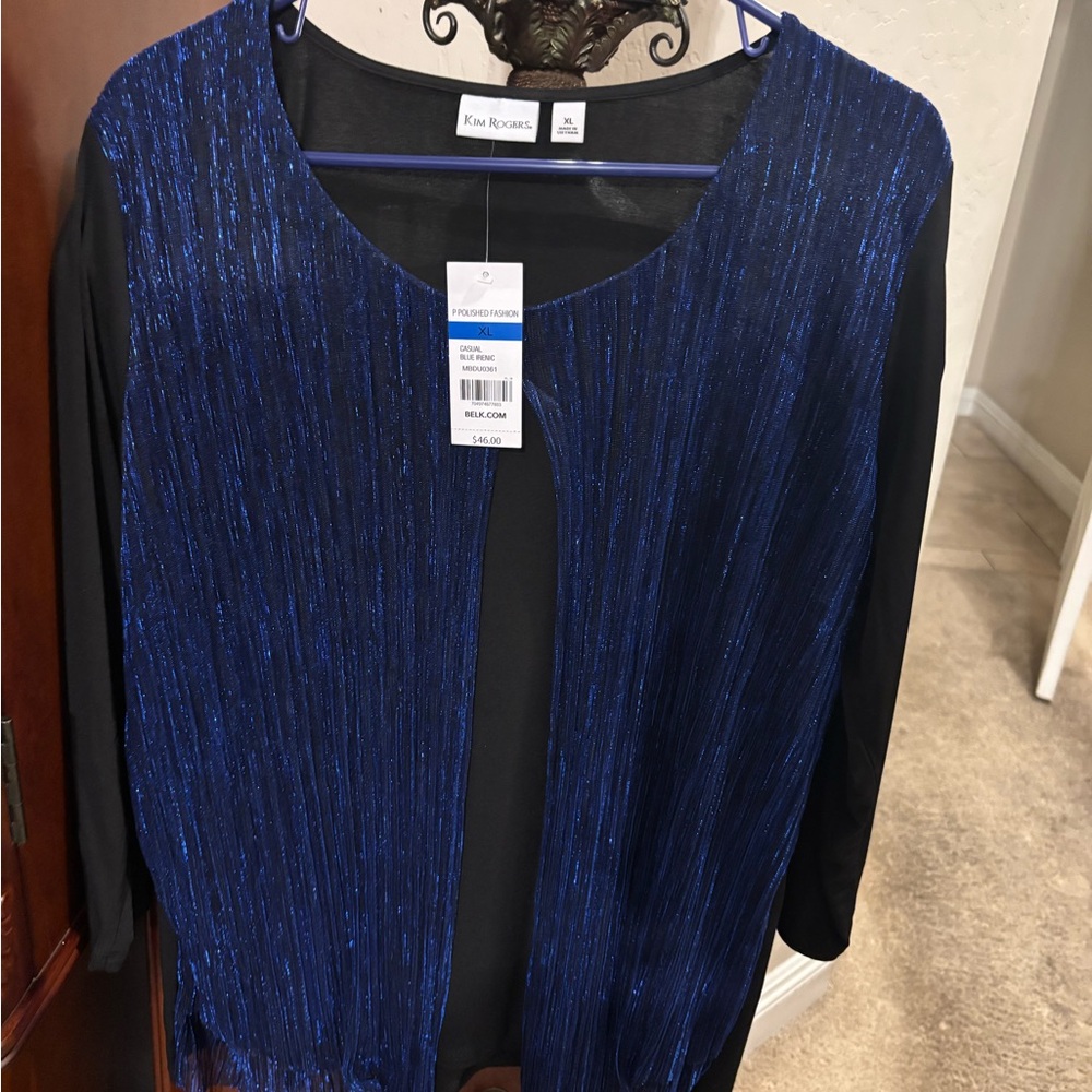 Kim Rogers Blue Metallic Open-Front 2 in 1 metallic blue top